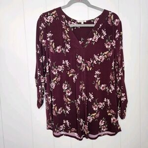 Beacon Women's Burgundy Floral Blouse Size Large 3/4 Roll Tab Sleeve